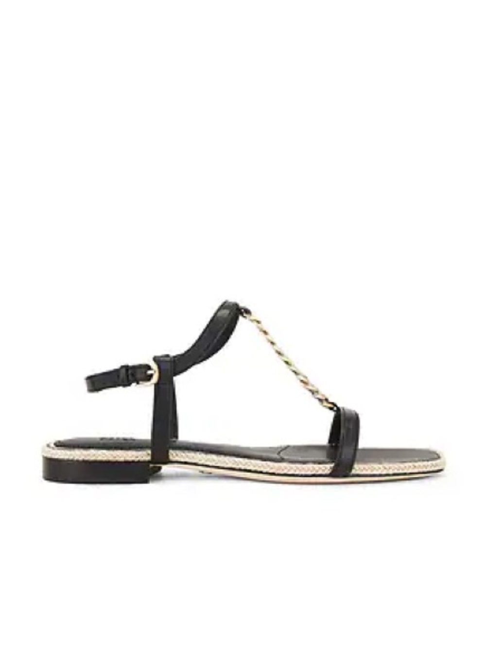 PAIGE Black Leather T-Strap Sandal with Gold Chain Accent - Size 6.5 - Picture 5 of 5